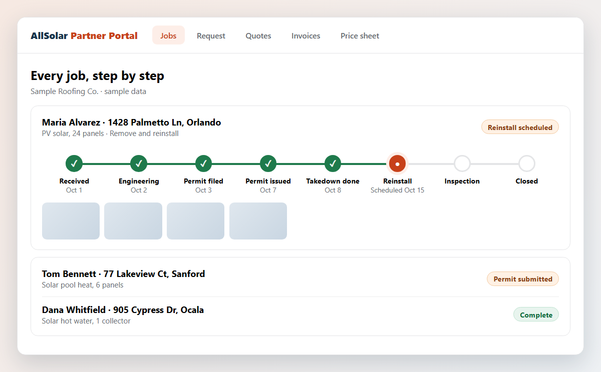 Sample job tracker showing every step from received to closed, with dates
